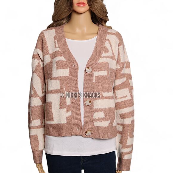 Debut Geometric Tan Cream Cropped Button Front Knit Sweater Cardigan Size M - Picture 4 of 11